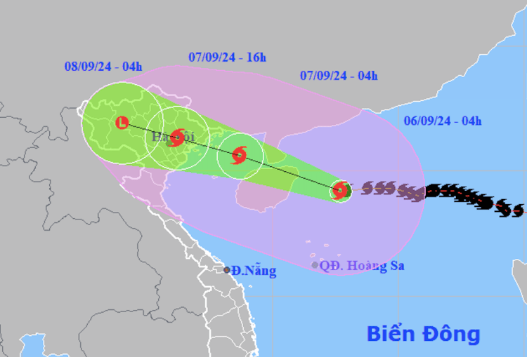 Dự báo hướng đi, vùng ảnh hưởng bão Yagi sáng 6/9. Ảnh: NCHMF