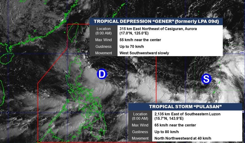 Vị trí áp thấp nhiệt đới Gener và bão Pelusan hồi 8h ngày 16.9.2024. Ảnh: PAGASA