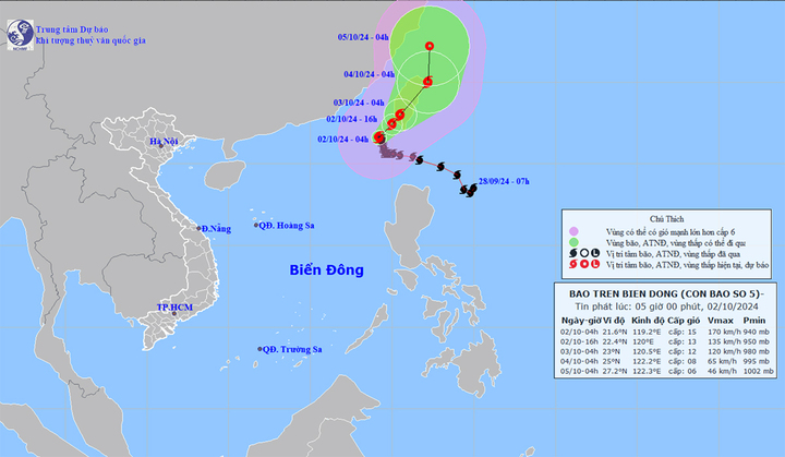 Dự báo đường đi và khu vực ảnh hưởng của bão số 5. (Nguồn: NCHMF)