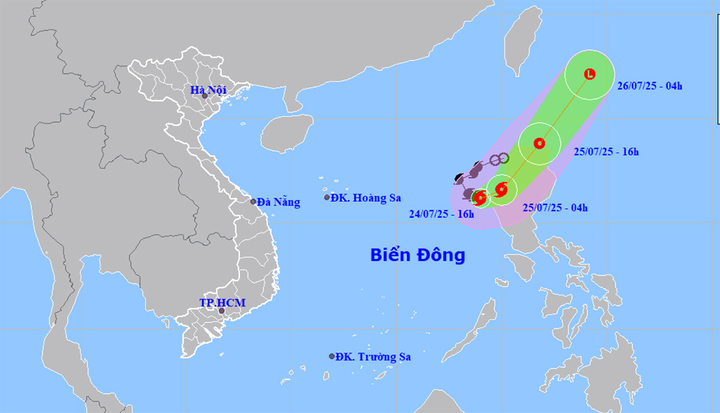 Bản đồ dự báo đường đi và khu vực ảnh hưởng của bão số 4 Cỏ May. (Nguồn: NCHMF)