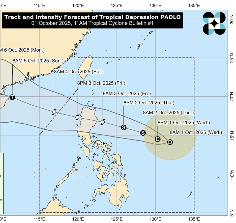 Dự báo đường đi của cơn bão tiềm năng thành bão số 11 trên Biển Đông. Ảnh: PAGASA 