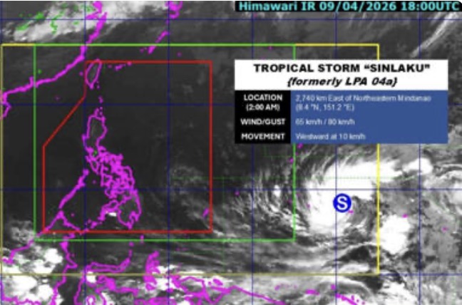 Vị trí của bão Sinlaku ngày 10.4 theo quan sát của cơ quan thời tiết Philippines. Ảnh: PAGASA 